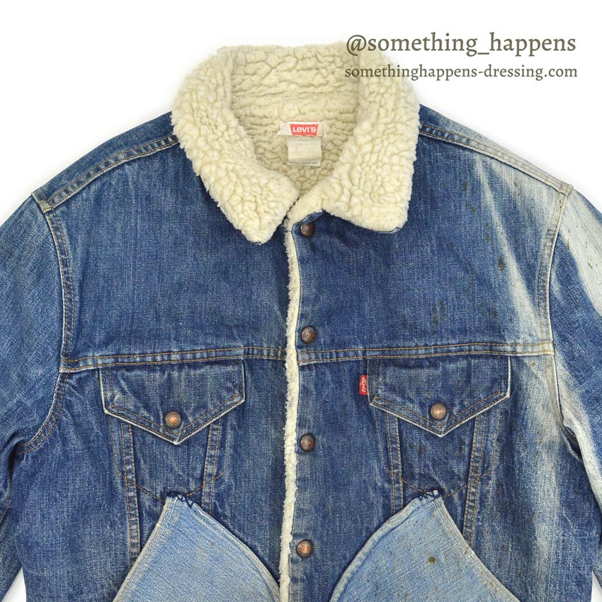 1970's Levi's 70605-0217 DENIM BOA JACKET ADD POCKETS / FADED... 44