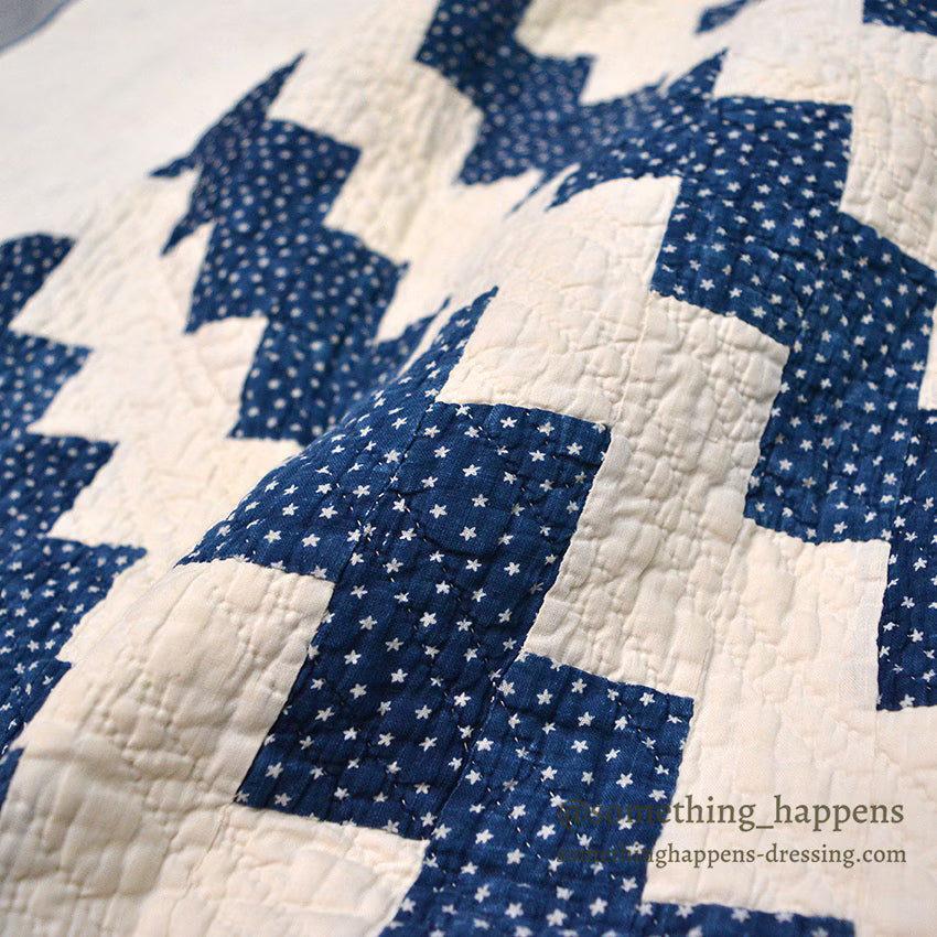 ANTIQUE LIGHTNING STREAK ZIG ZAG INDIGO STAR CALICO PATCHWORK QUILT... 195cm/120cm