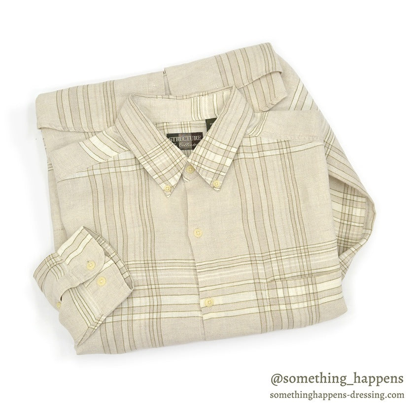 1990's DEADSTOCK STRUCTURE BEIGE PLAID LINEN SHIRT...L