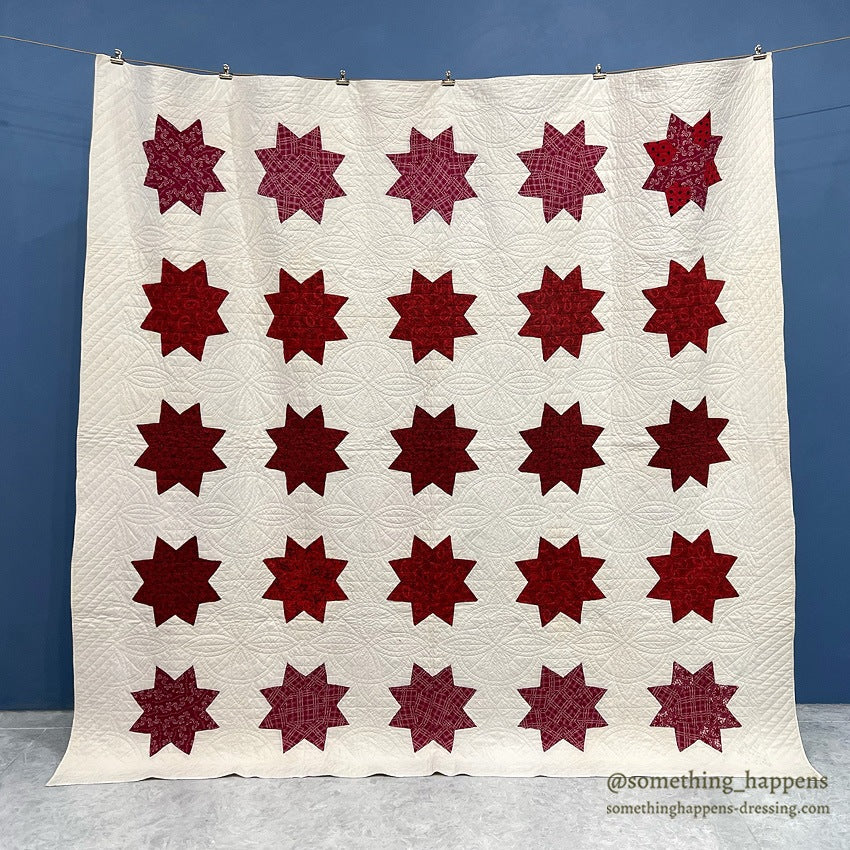 ANTIQUE 1898 to 1929 QUILTED RED STAR QUILT... 190cm/183cm