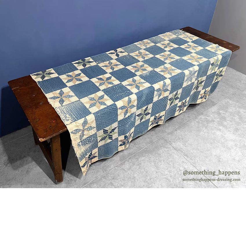 ANTIQUE EIGHT POINT STAR INDIGO CALICO PATCHWORK QUILT... 202cm/168cm