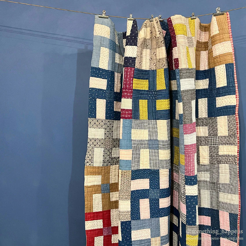 ANTIQUE WHIRLING LOGS SWASTIKA CRAZY PATCHWORK QUILT... 202cm/166cm