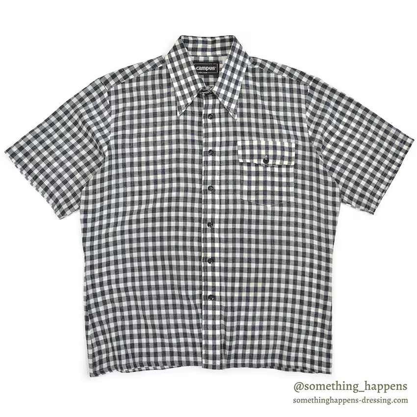 1970's CAMPUS BLACK GINGHAM CHECK S/S SHIRT ... L