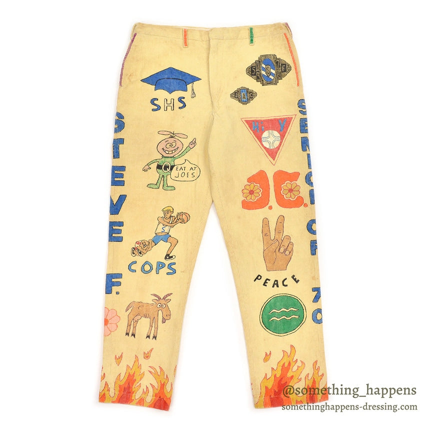 1970's KAZOO SENIOR CORDS HAND PAINTED '70 PANTS / AMAZING DRAWING ... W30/L29