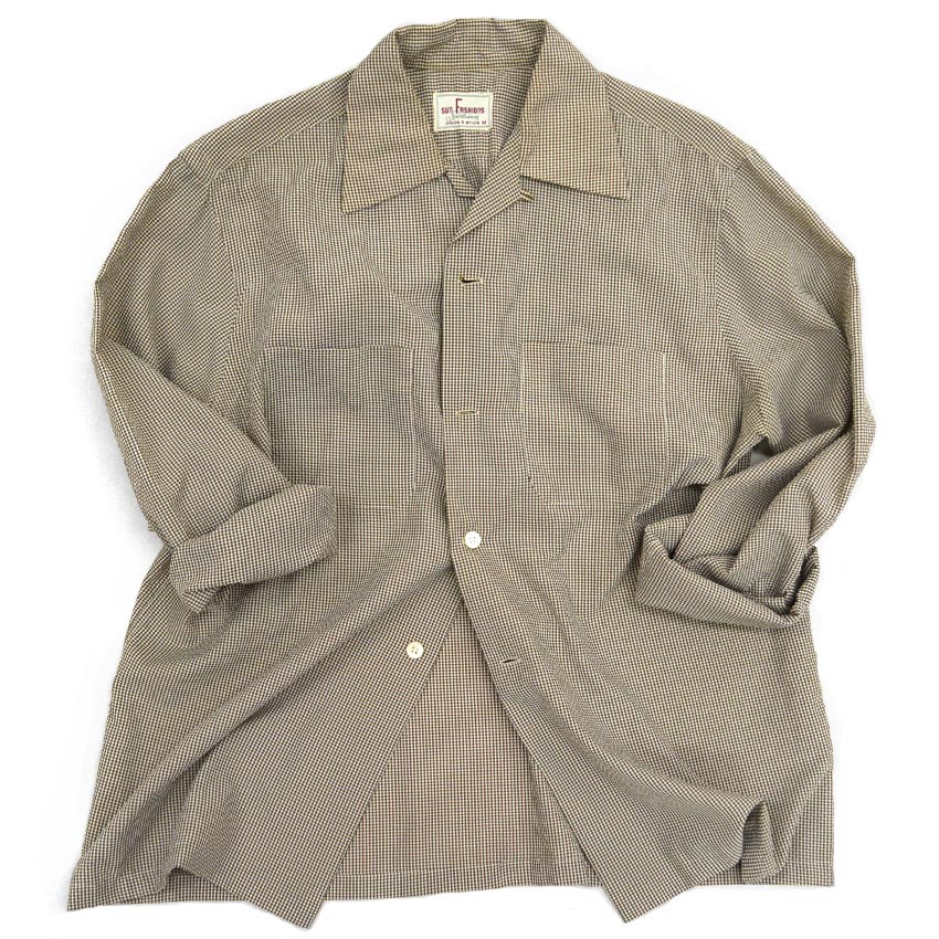 50's SUN FASHIONS sportswear seersucker gingham check shirt, brown... M