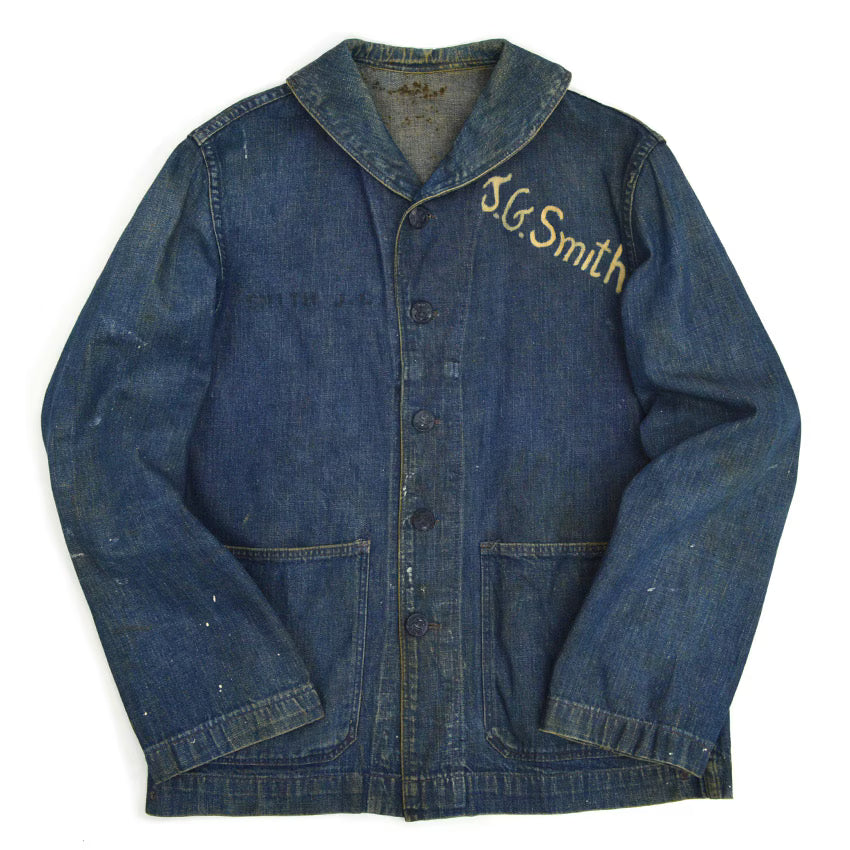 1940s US Navy Shawl Collar Denim Jacket, Dark Navy, Multiple Stencils...