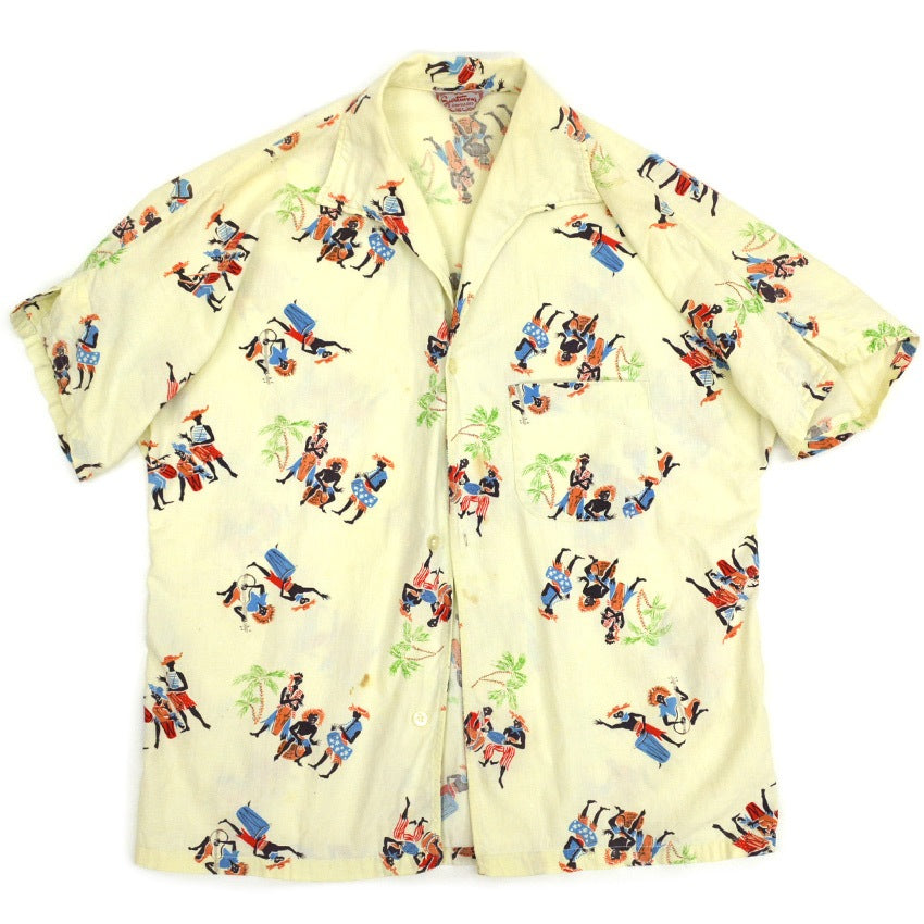 60's Sportswear Black Print Italian Collar Aloha Shirt...