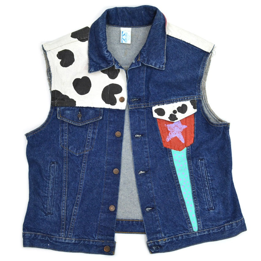 90's BRISTOL BLUES Painted Denim Vest, Cut-off... XXL