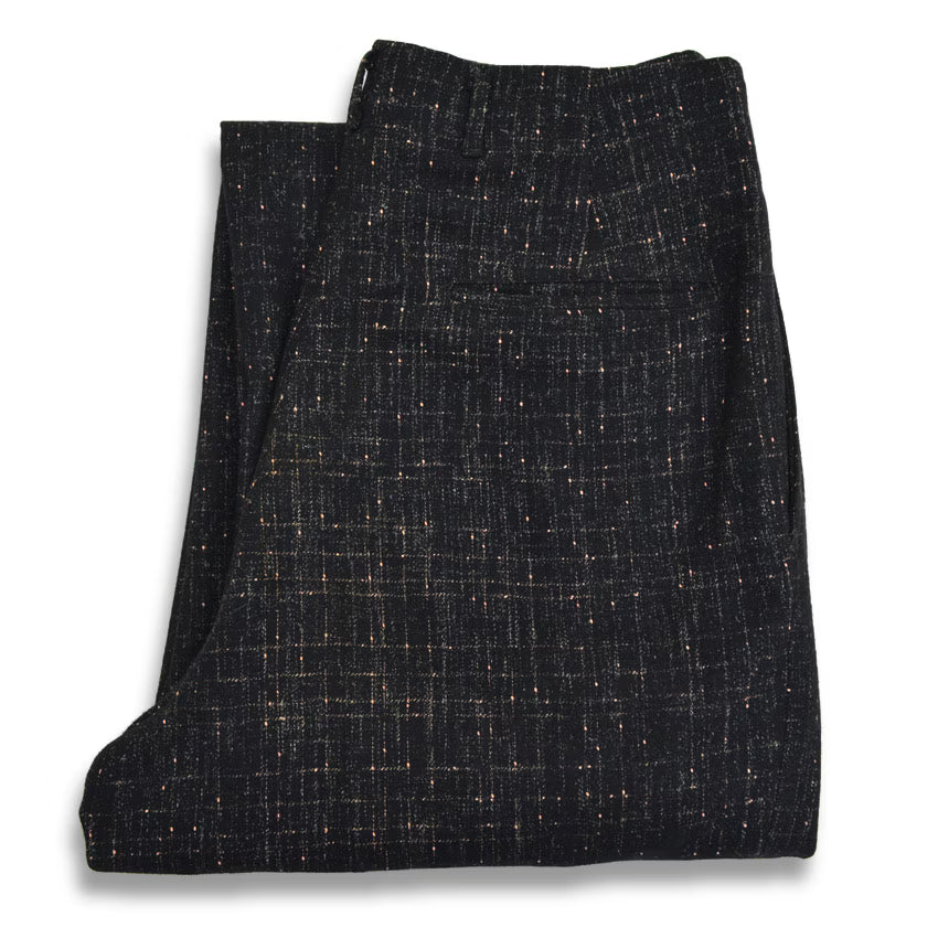1950s-era black pinstripe Fleck Pattern kasuri wool slacks...