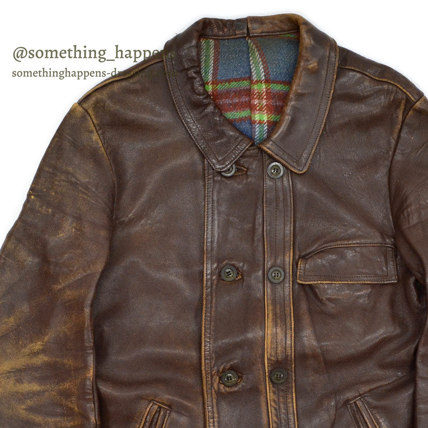 OLD FRANCE DOUBLE BREASTED BROWN LEATHER COAT MADE BY GVF...
