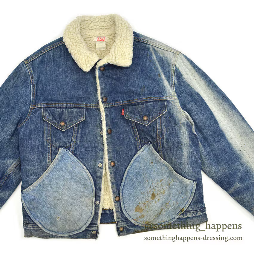 1970's Levi's 70605-0217 DENIM BOA JACKET ADD POCKETS / FADED... 44