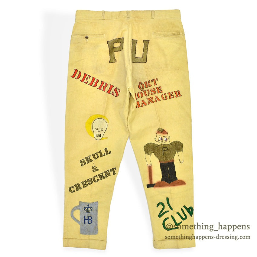 1960's PURDUE UNIVERSITY SENIOR CORDS HAND PAINTED PANTS SKULL & CRECENT... W36/L30