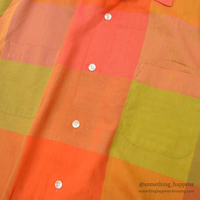 1960's~ OVEN-SET BLOCK PANEL PLAID SHIRT ... L