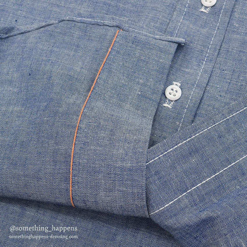 1970's DEADSTOCK WOOLRICH ALL COTTON CHAMBRAY SHIRT ORANGE SELVEDGE ... M