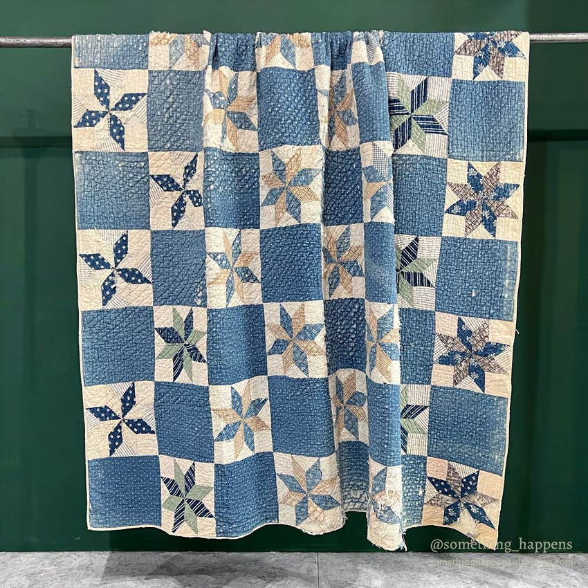 ANTIQUE EIGHT POINT STAR INDIGO CALICO PATCHWORK QUILT... 202cm/168cm