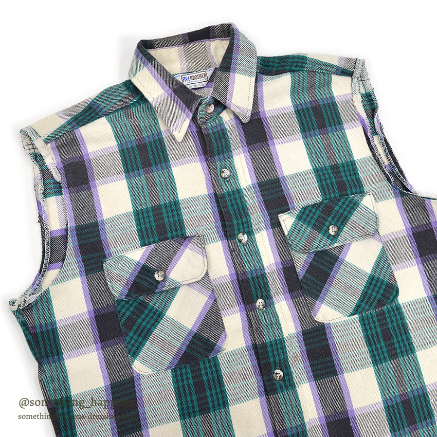 ~1980's FIVE BROTHER PLAID FLANNEL SHIRT / CUT OFF SLEEVES ... M