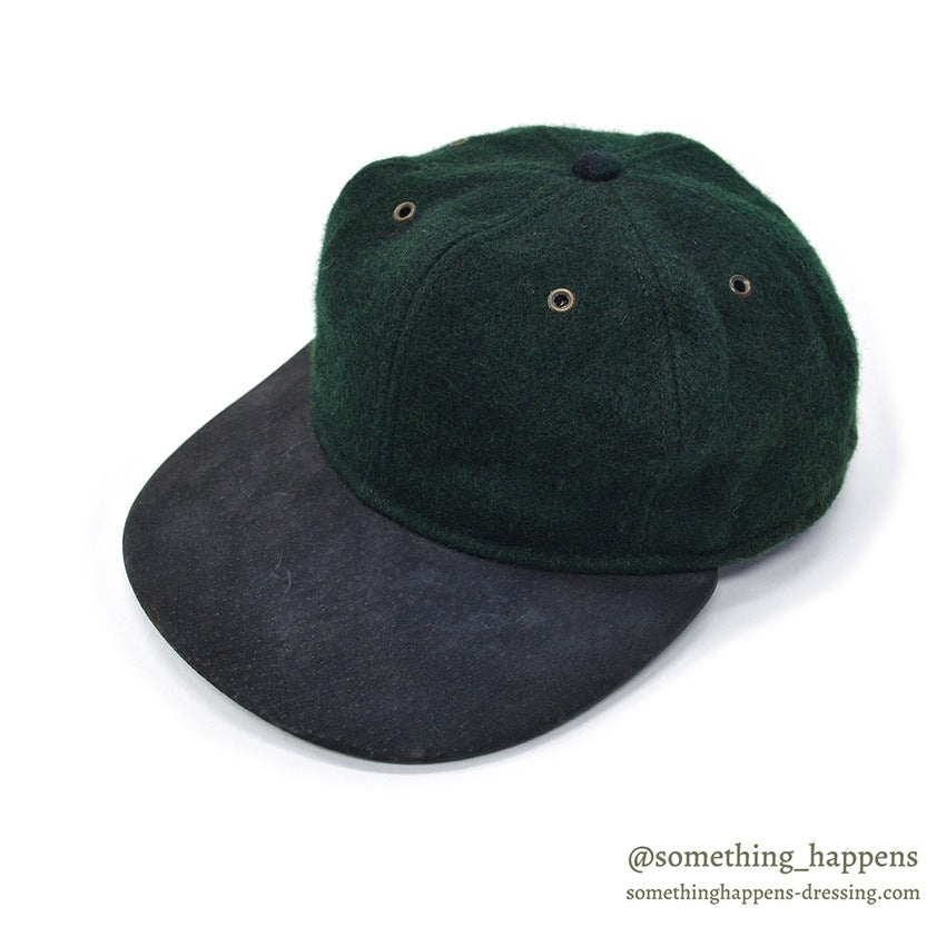 1990's LAKE OF THE ISLES GREEN WOOL / SUEDE LEATHER CAP... L