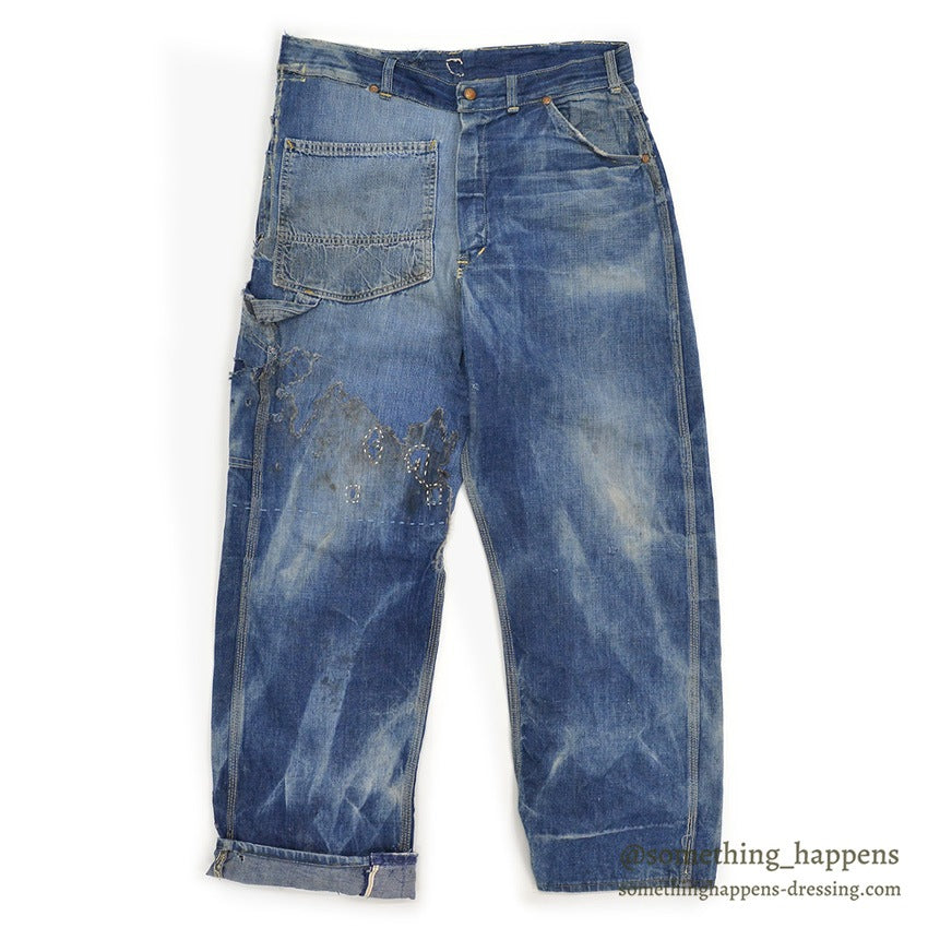 1960's MONEY BAK DENIM PAINTER PANTS SUN FADED / HAND SEWN REPAIRS... W34/L29