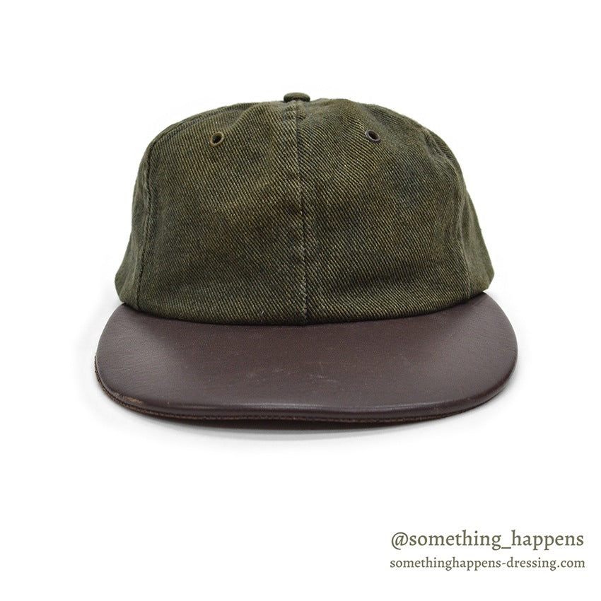 1980's EDDIE BAUER DARK GREEN DENIM / LEATHER BILL CAP / NO LOGO...