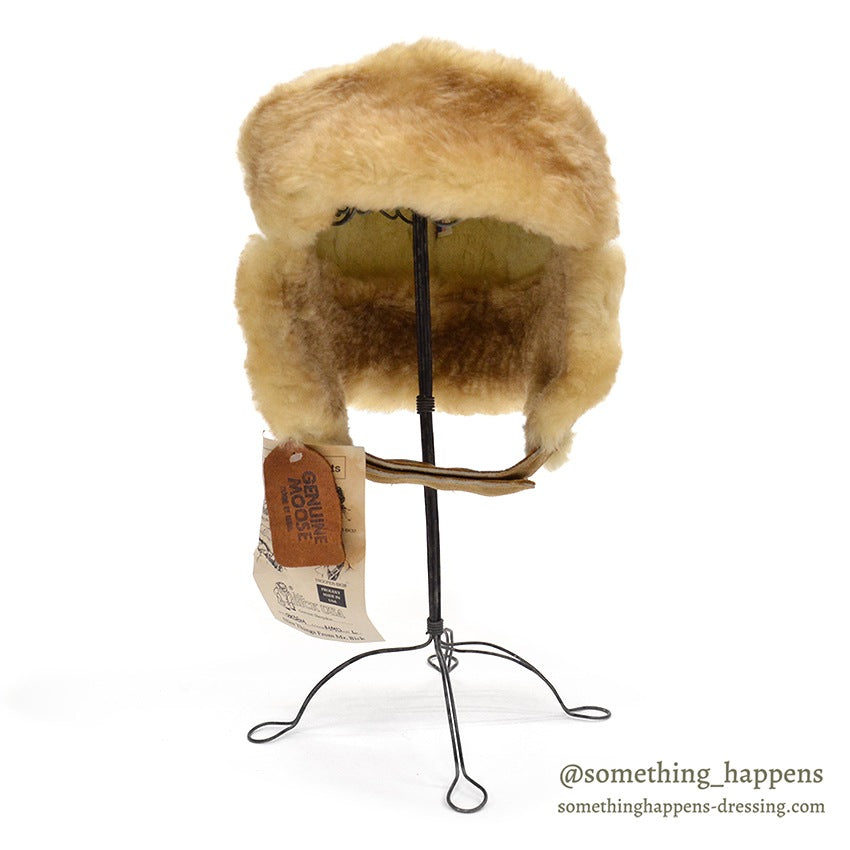 1980's~ DEADSTOCK BICK MOOSE LEATHER SHEARLING TRAPPER HAT...L