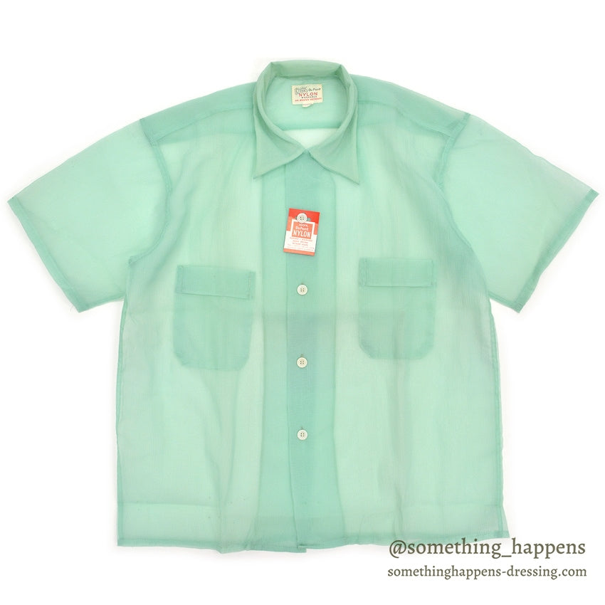 1950's~ DEADSTOCK DU PONT NYLON SEERSUCKER S/S SHIRT / MINT GREEN ... M