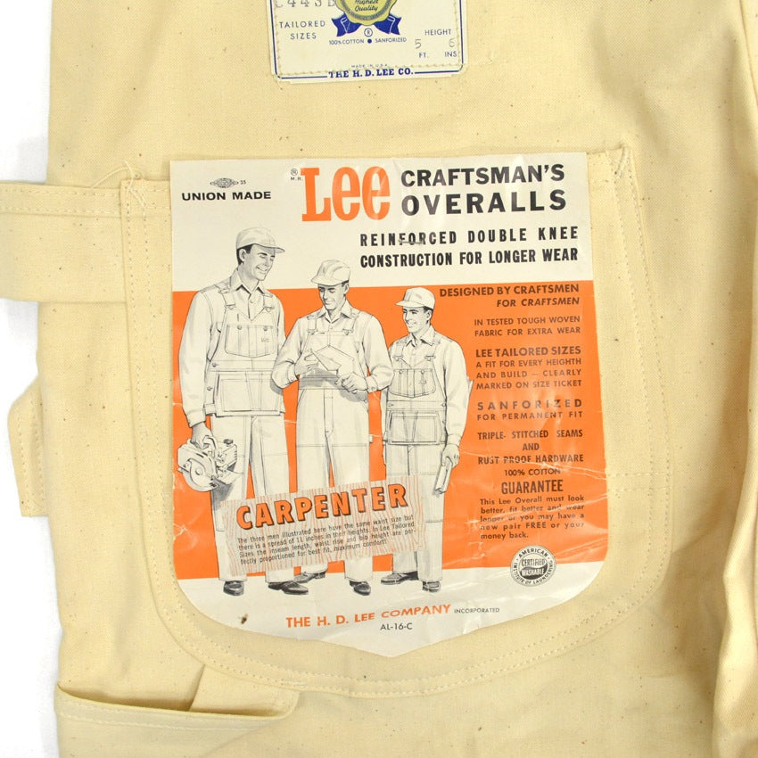 1970s Deadstock Lee Off-White Overalls, Double Knee, with Apron, Lot.C44SB ... W40 L30