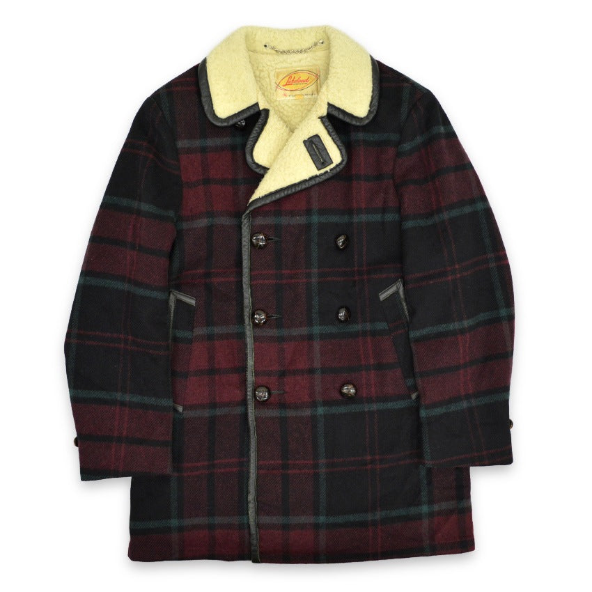 1950's~ Lakeland PLAID CHECK WOOL COAT WITH LEATHER TRIM... 38