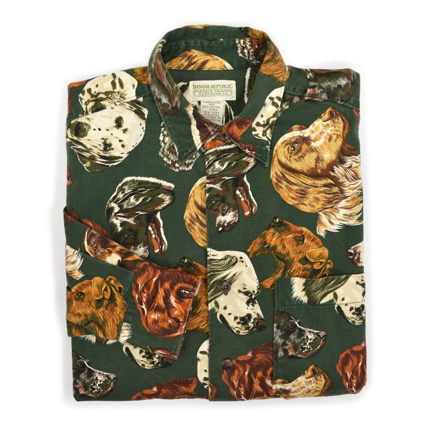 1980's BANANA REPUBLIC SAFARI & TRAVEL DOG ​​PRINT SHIRT...S
