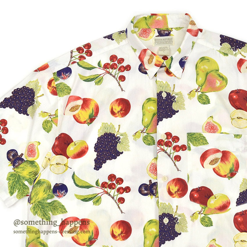 1980's BANANA REPUBLIC SAFARI & TRAVEL FRUIT PRINT S/S SHIRT ... L