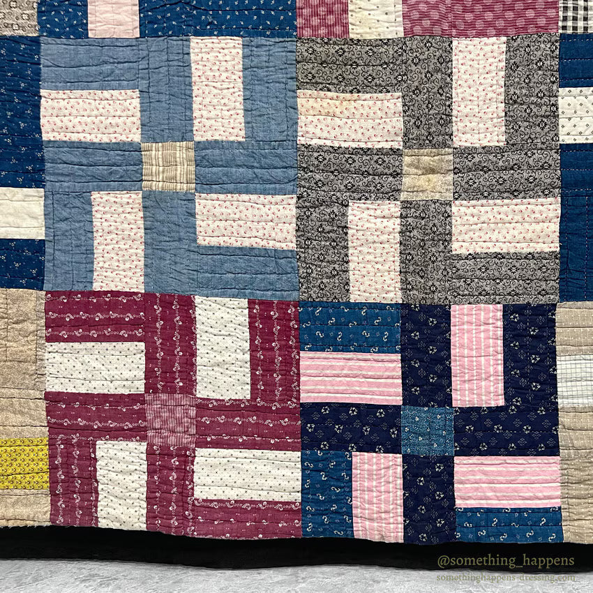 ANTIQUE WHIRLING LOGS SWASTIKA CRAZY PATCHWORK QUILT... 202cm/166cm