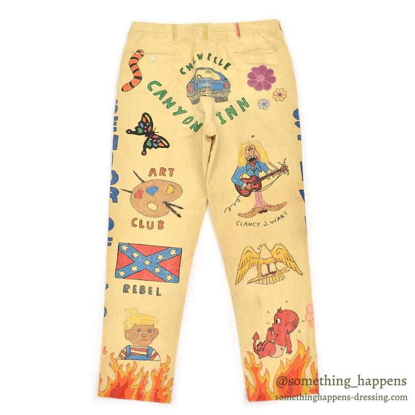 1970's KAZOO SENIOR CORDS HAND PAINTED '70 PANTS / AMAZING DRAWING ... W30/L29