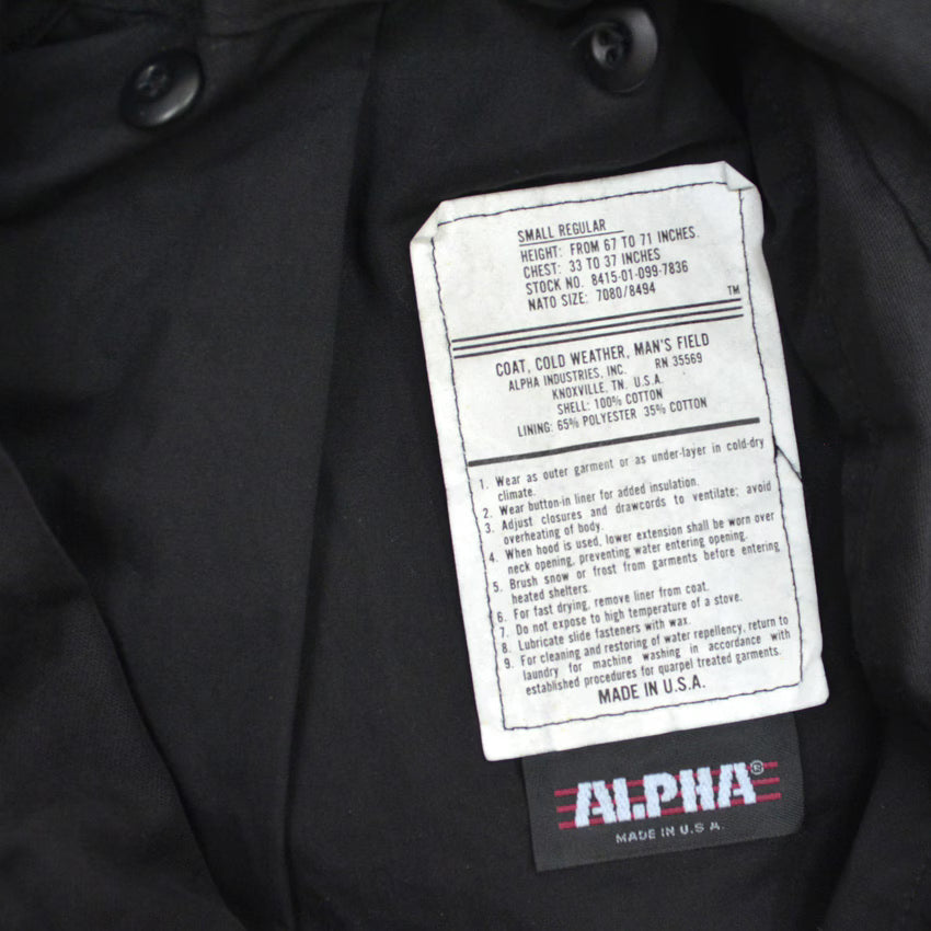 90's Deadstock ALPHA M-65 Black ALL COTTON ... SR