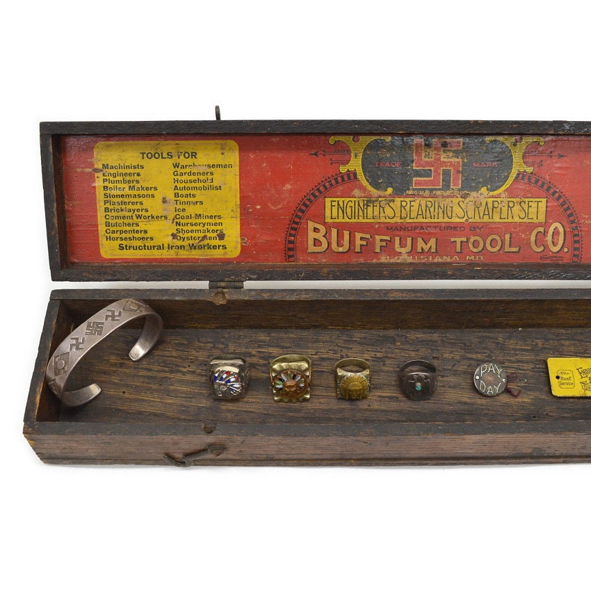 c.1920s BUFFUM TOOL CO. ENGINEERS WOOD TOOL BOX with swastika...