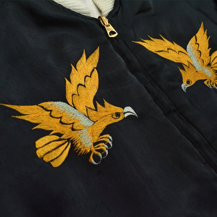 1940s- JAPAN SOUVENIR JACKET (Sukajan) - Black with gold embroidery of tiger, eagle, and dragon - YKK zipper...