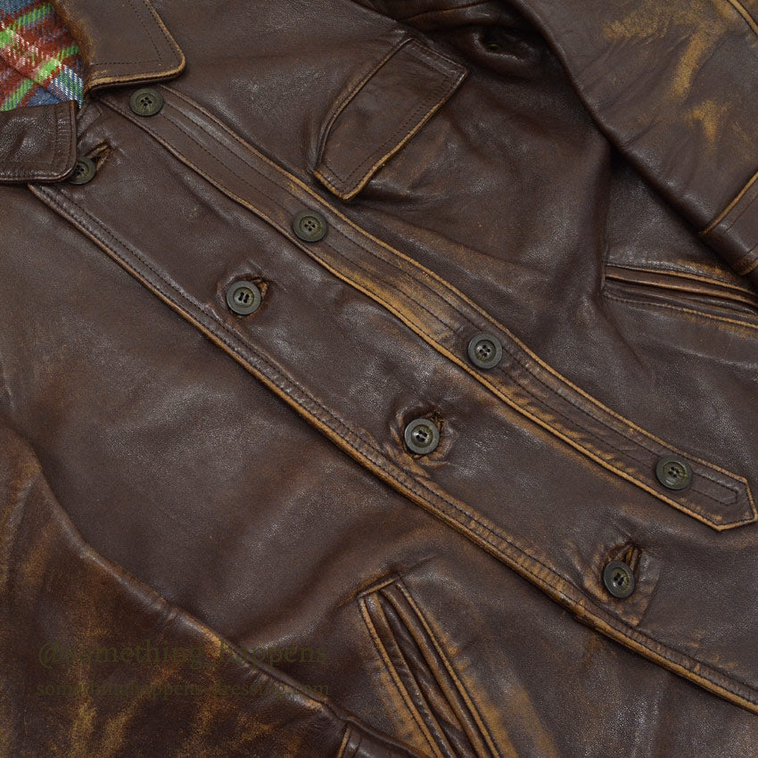 OLD FRANCE DOUBLE BREASTED BROWN LEATHER COAT MADE BY GVF...