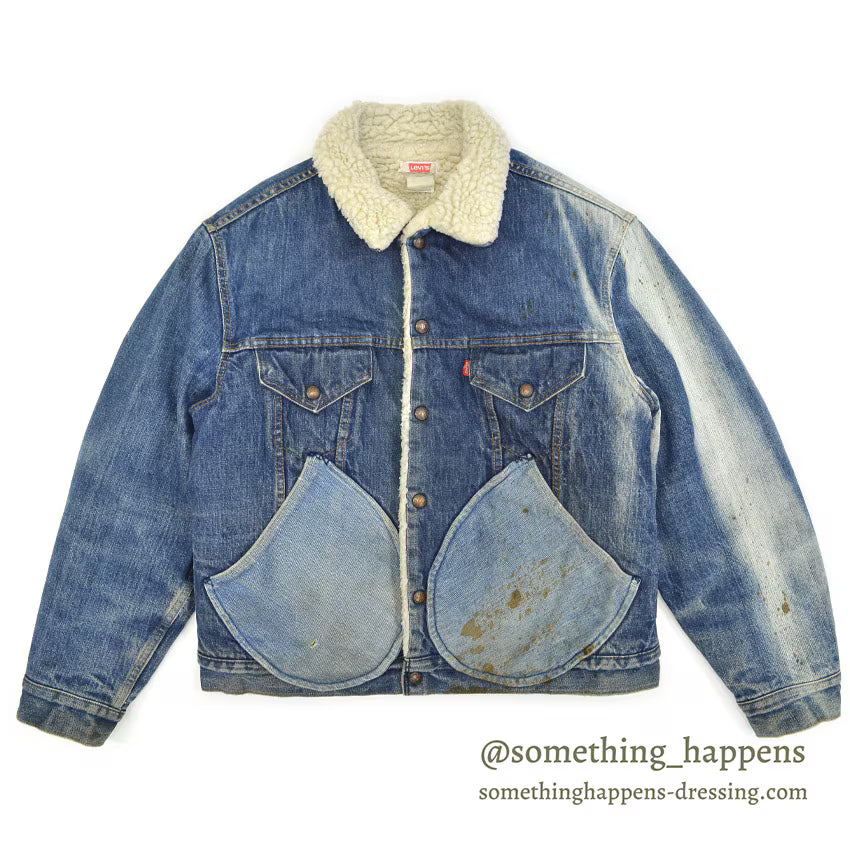 1970's Levi's 70605-0217 DENIM BOA JACKET ADD POCKETS / FADED... 44