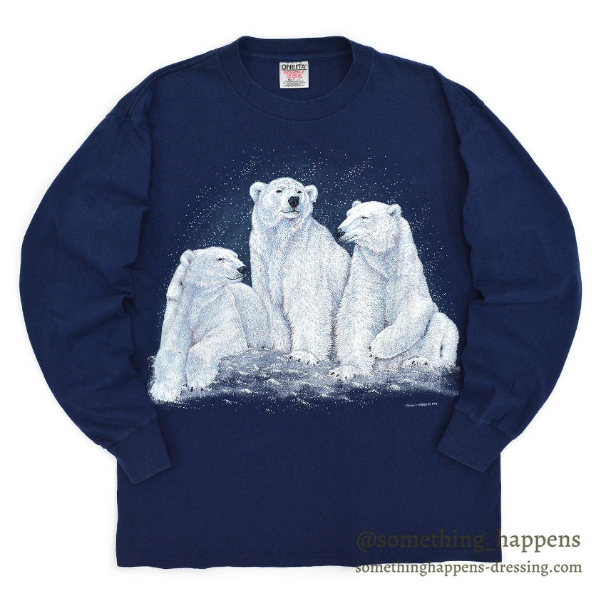 1990's ONEITA POLAR BEAR PRINT L/S T-SHIRT NAVY ... LARGE