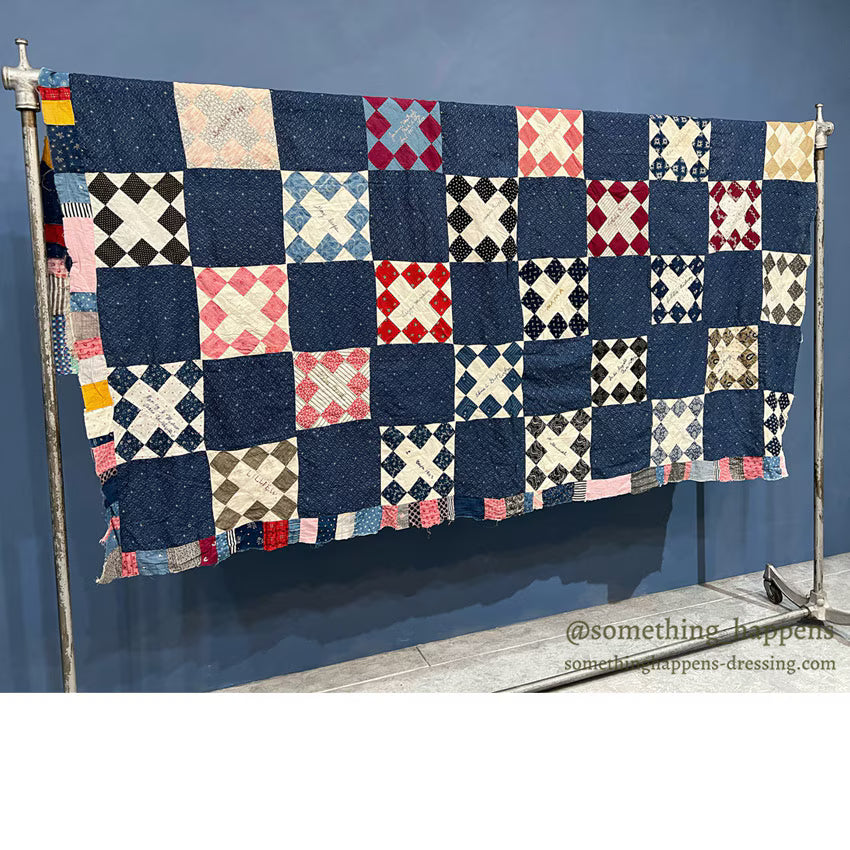 c.1900's ANTIQUE INDIGO CALICO SIGNATURES ALBUM QUILT TOP ... 210cm/168cm