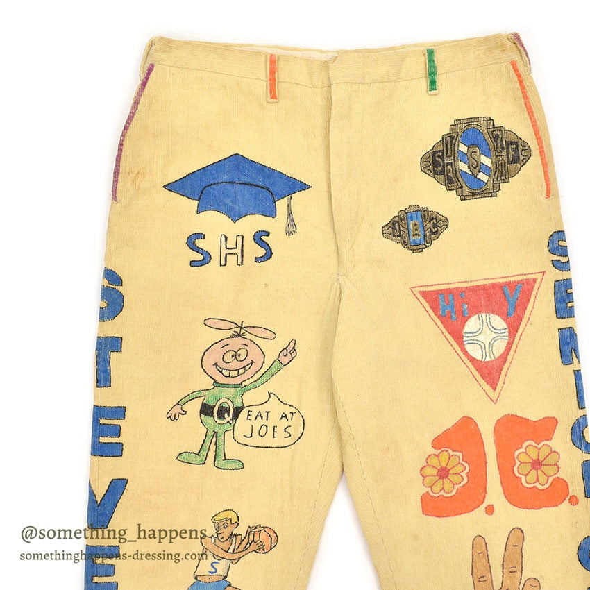 1970's KAZOO SENIOR CORDS HAND PAINTED '70 PANTS / AMAZING DRAWING ... W30/L29