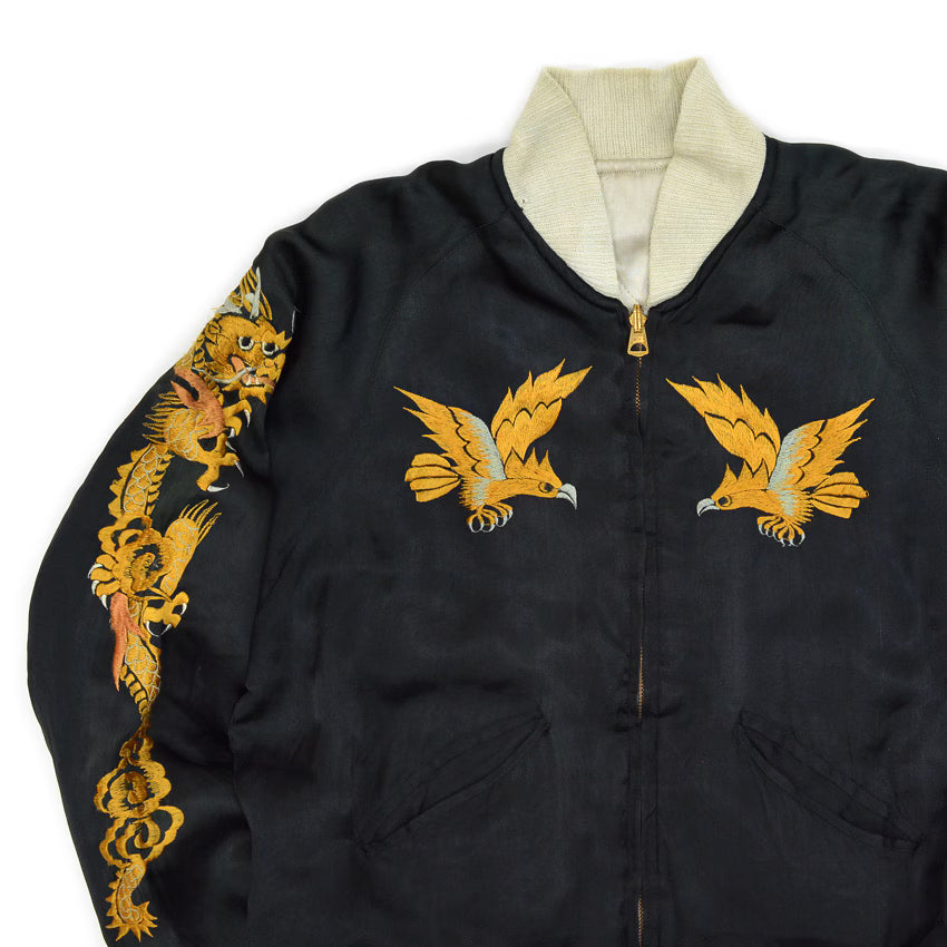 1940s- JAPAN SOUVENIR JACKET (Sukajan) - Black with gold embroidery of tiger, eagle, and dragon - YKK zipper...