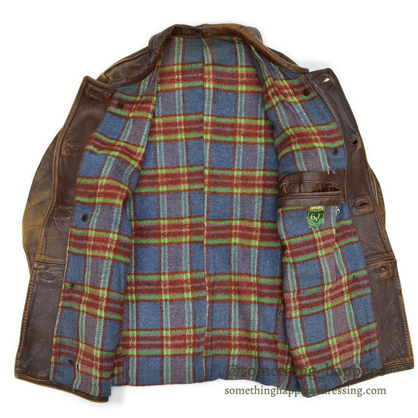 OLD FRANCE DOUBLE BREASTED BROWN LEATHER COAT MADE BY GVF...