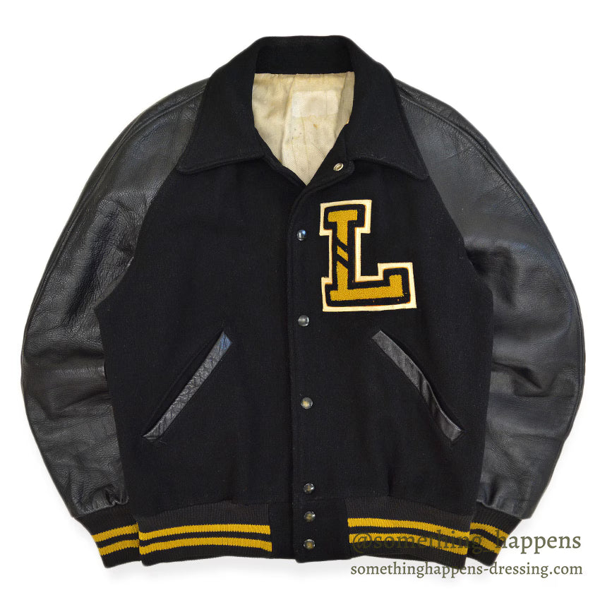 1950's BLACK WOOL & LEATHER LETTERMAN JACKET...