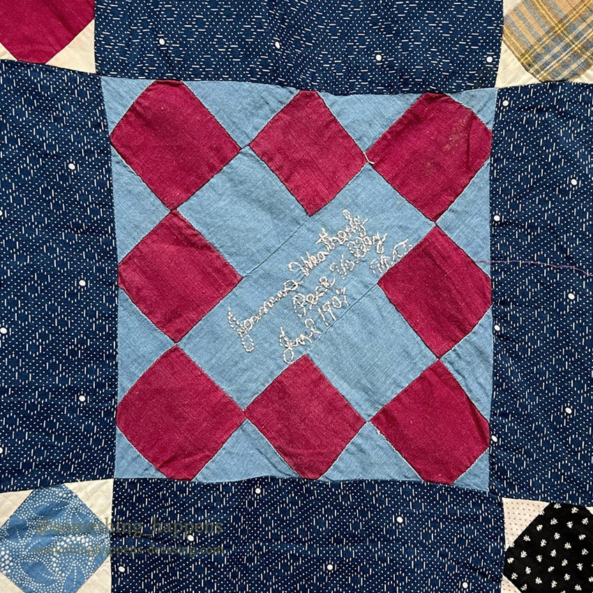 c.1900's ANTIQUE INDIGO CALICO SIGNATURES ALBUM QUILT TOP ... 210cm/168cm