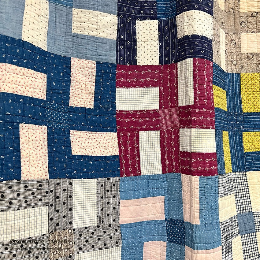 ANTIQUE WHIRLING LOGS SWASTIKA CRAZY PATCHWORK QUILT... 202cm/166cm