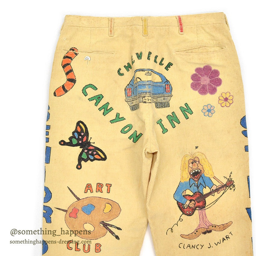 1970's KAZOO SENIOR CORDS HAND PAINTED '70 PANTS / AMAZING DRAWING ... W30/L29