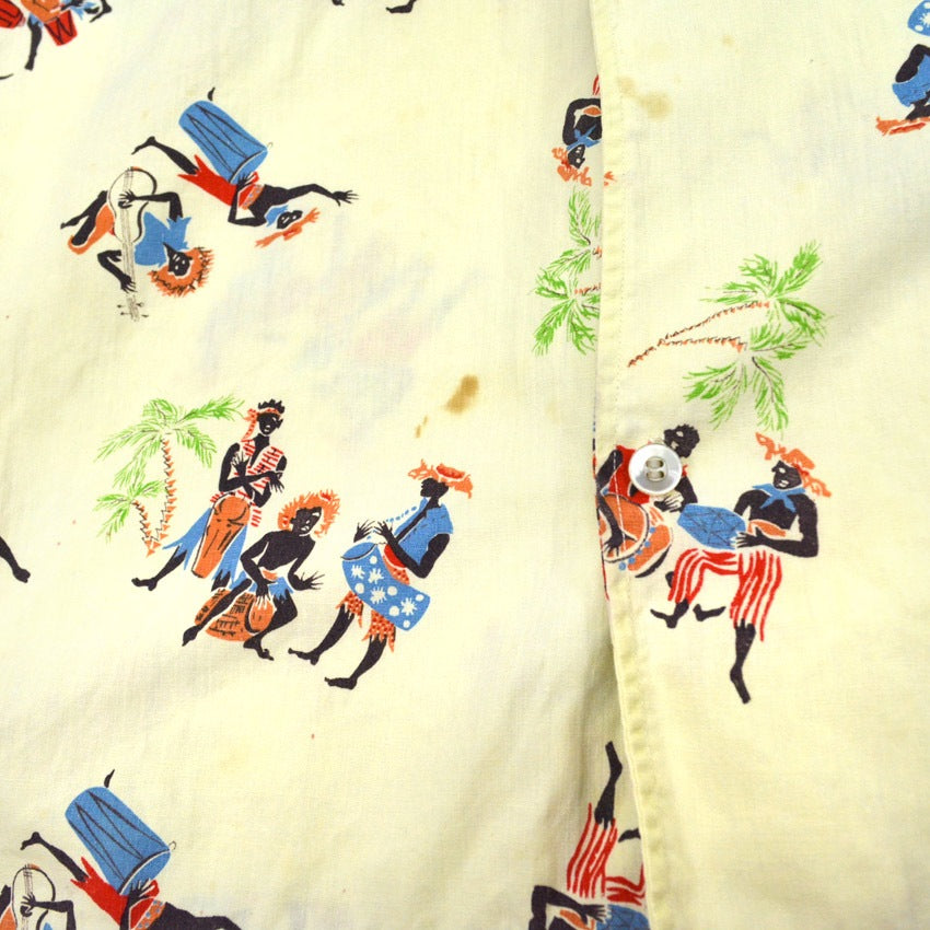 60's Sportswear Black Print Italian Collar Aloha Shirt...