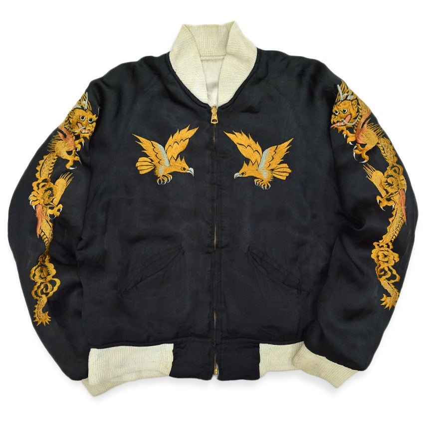 1940s- JAPAN SOUVENIR JACKET (Sukajan) - Black with gold embroidery of tiger, eagle, and dragon - YKK zipper...