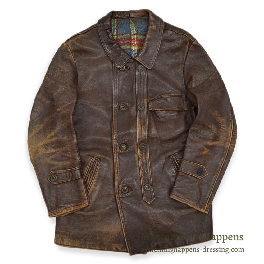 OLD FRANCE DOUBLE BREASTED BROWN LEATHER COAT MADE BY GVF...