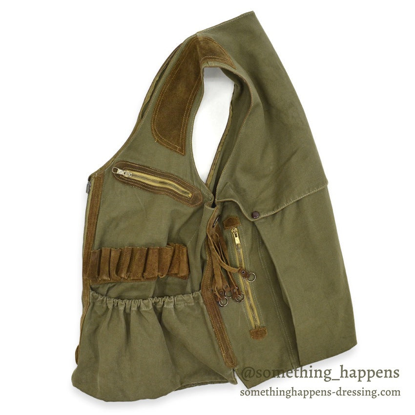 ~1970's SAFARI HUNTING CANVAS & LEATHER VEST MADE IN SPAIN...