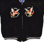 1950s JAPAN SOUVENIR JACKET (Sukajan) - Black velvet, navy and white ribbing...